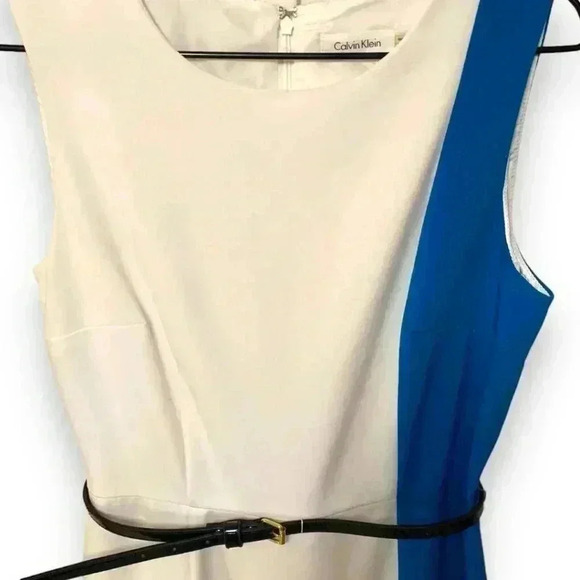 Calvin Klein Colorblock Size 8 Knee Length Black Leather Belted Casual Dress - Picture 3 of 16